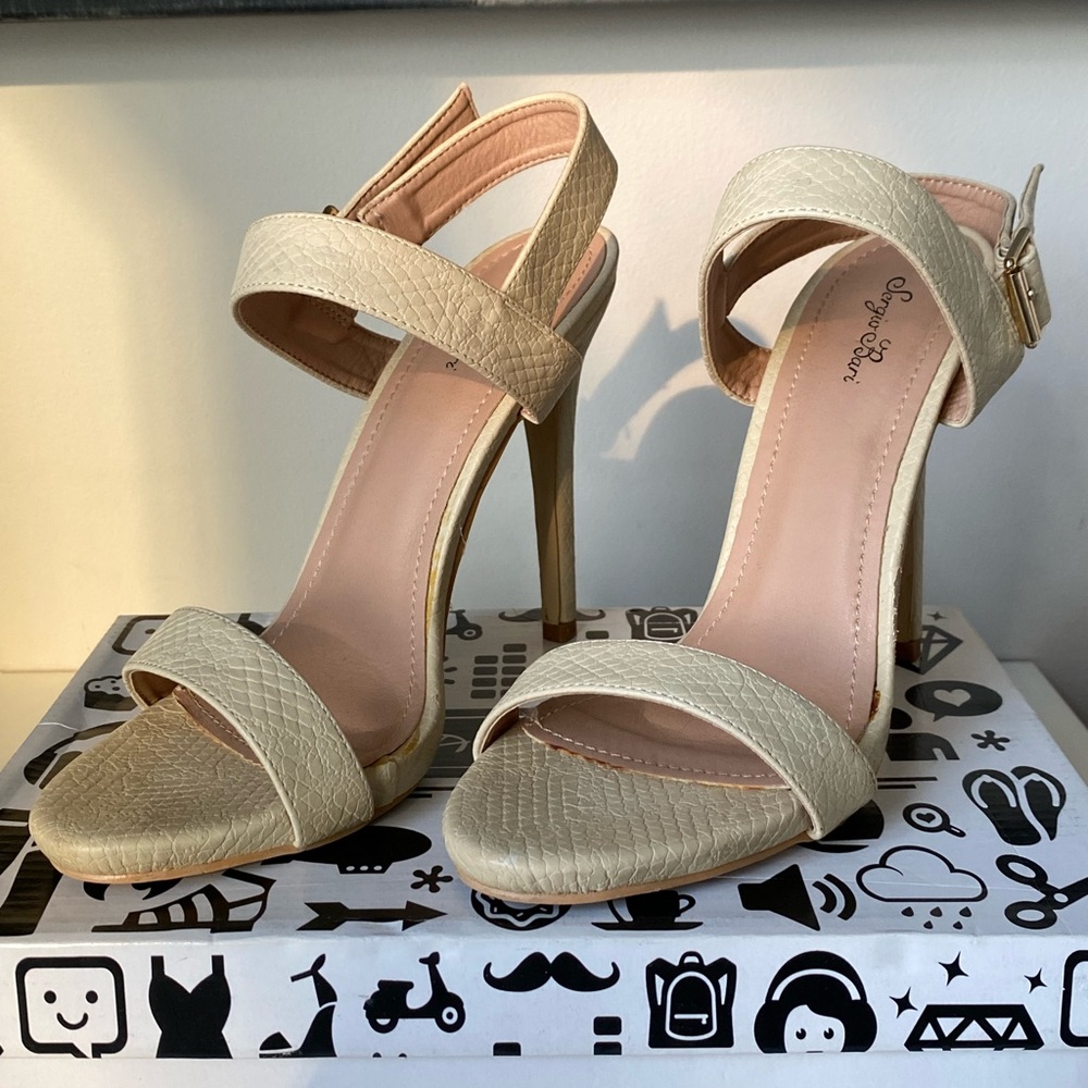 Beige Cream Snake Skin High Heel Sandals Straps